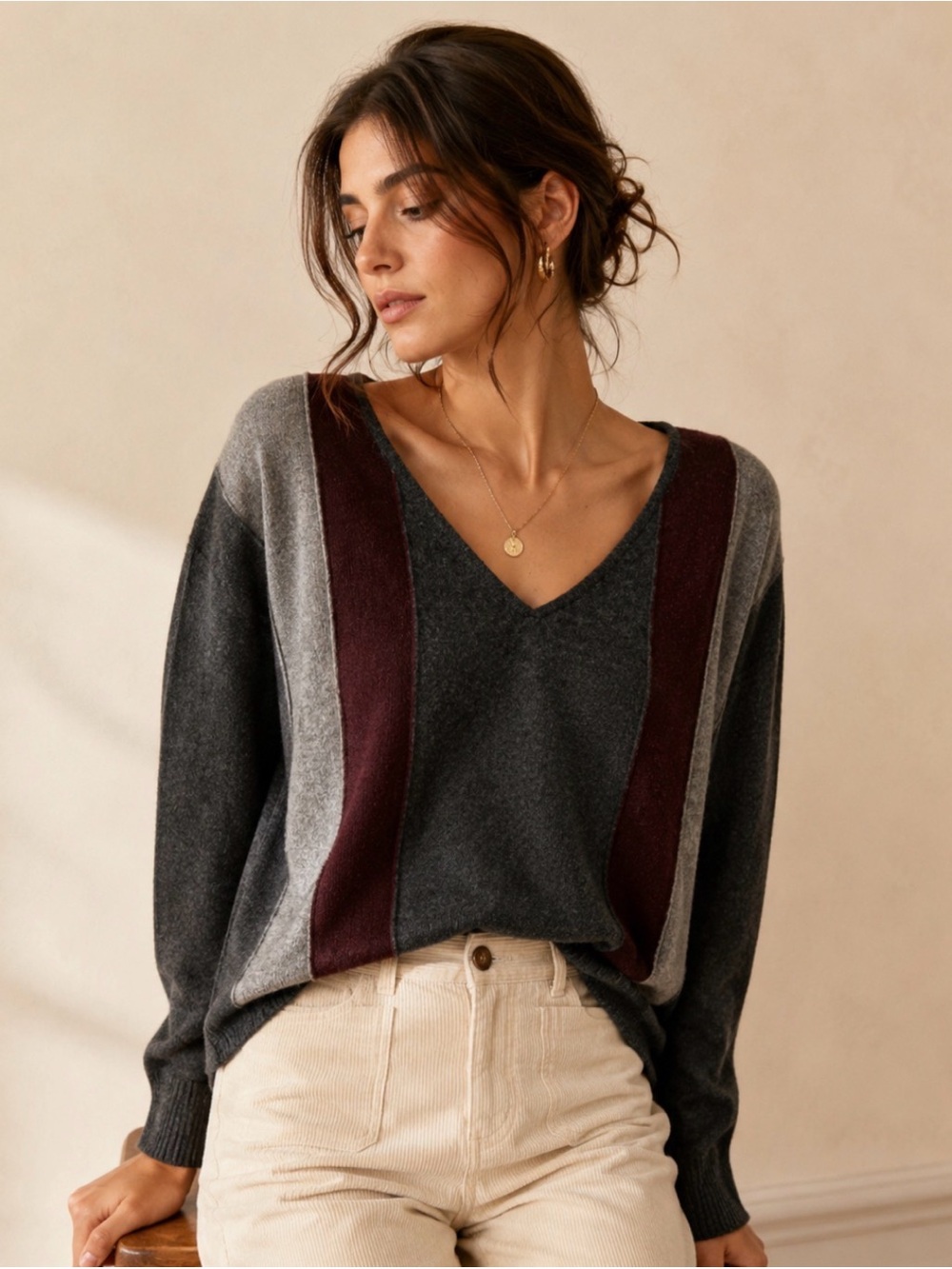 100% Cashmere V-Neck Sweater in Dk & Light grey Burgundy